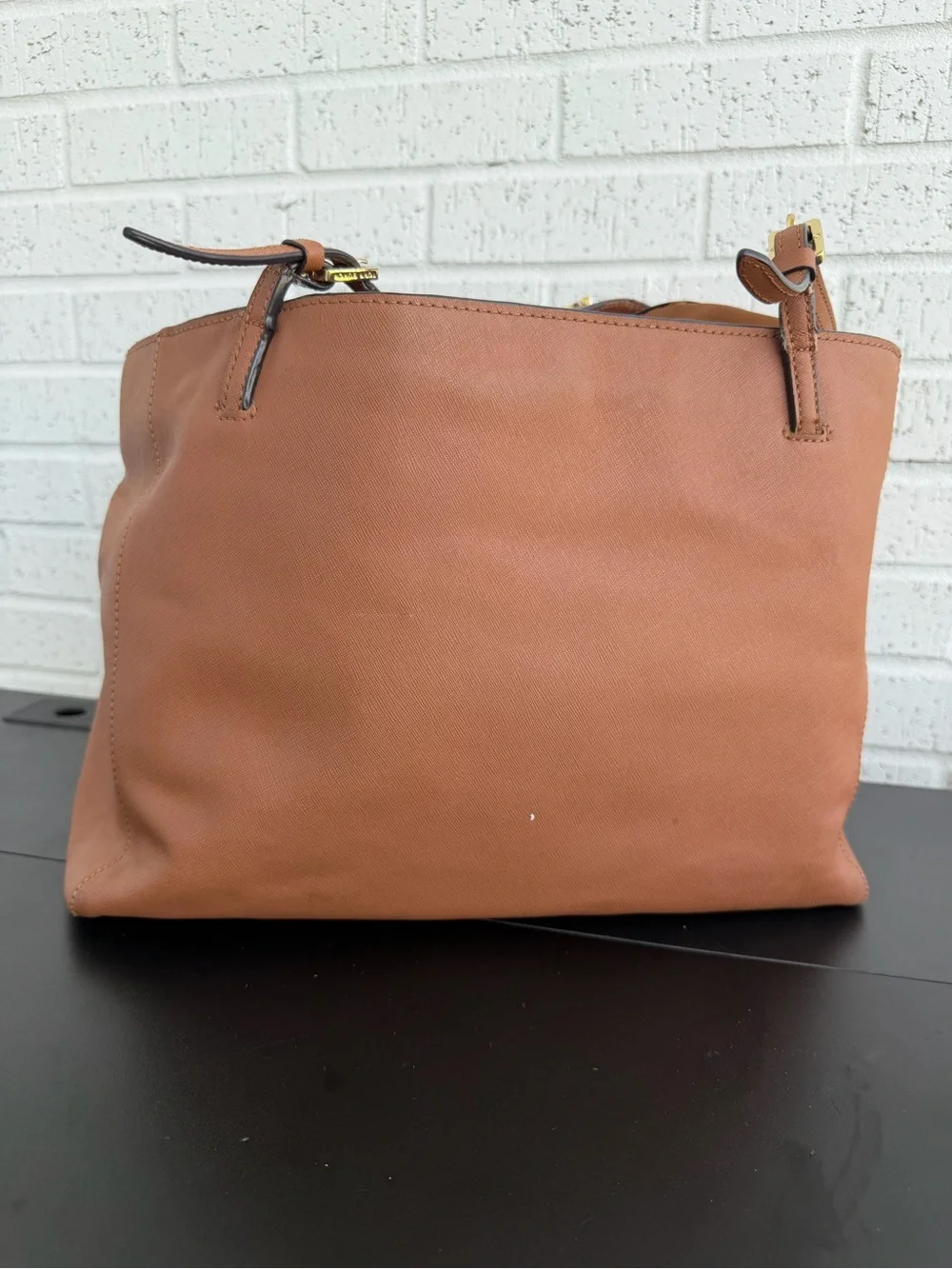 Tory Burch Caramel Leather Tote with Gold Logo